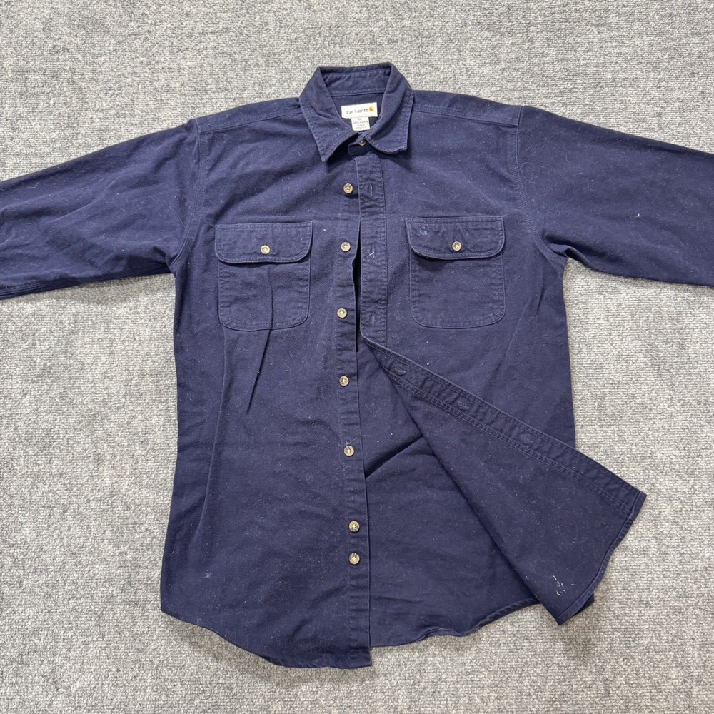 Carhartt Flannel Men's Medium‎ Button Up 100% Cotton Workwear Stained Blue - Picture 10 of 12